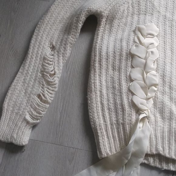 Moussy ribbon sweater beige chunky knit ripped - Picture 12 of 13
